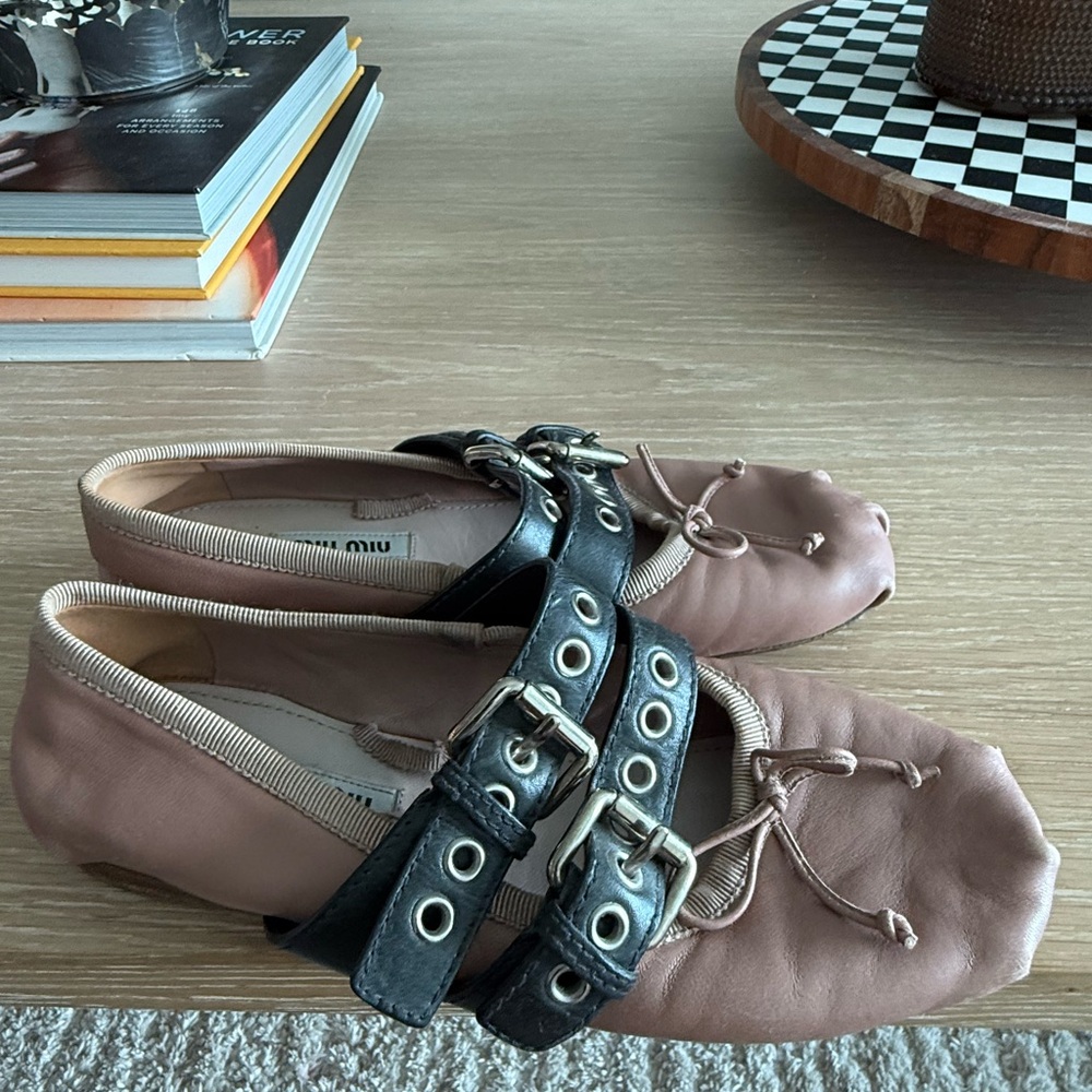 Miu Miu Women's Brown and Black Flats with Buckle Detail
